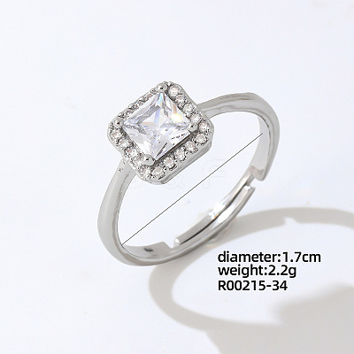 Rectangle Platinum Brass Adjustable Ring with Cubic Zirconia EG7863-28-1