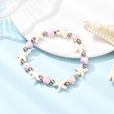 Starfish Synthetic Turquoise Beads & Brass Beads Stretch Bracelets BJEW-JB12417-01-1