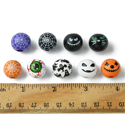 45Pcs 9 Colors Printed Round Wood European Beads WOOD-FS0001-21-1