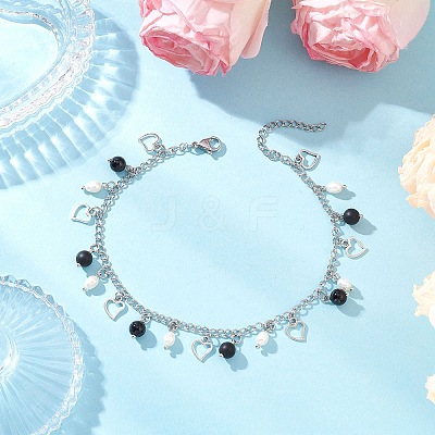 Natural Black Agate(Dyed & Heated) & Natural Pearl & 304 Stainless Steel Heart Tassel Curb Chain Anklets AJEW-AN00697-1