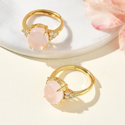 Brass Micro Pave Cubic Zirconia with Natural Rose Quartz Cuff Open Rings RJEW-T035-01G-L-1