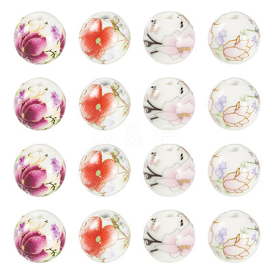 24Pcs 4 Colors Handmade Flower Printed Porcelain Ceramic Beads PORC-TADJ0001-07-1