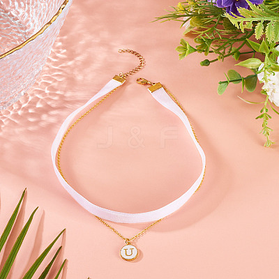 Alloy Enamel Letter Pendant Single Face White Velvet Ribbon & Brass Chain Double Layered Choker Necklaces NJEW-TAC0036-1