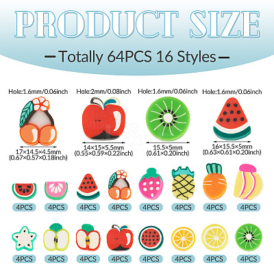 64Pcs 16 Styles Fruit & Vegetable Theme Handmade Polymer Clay Beads CLAY-TADJ0001-11-1
