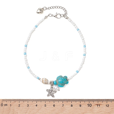 Summer Beach Dyed Synthetic Turquoise Turtle and Glass Seed Beaded Alloy Starfish Charm Anklets AJEW-AN00775-1