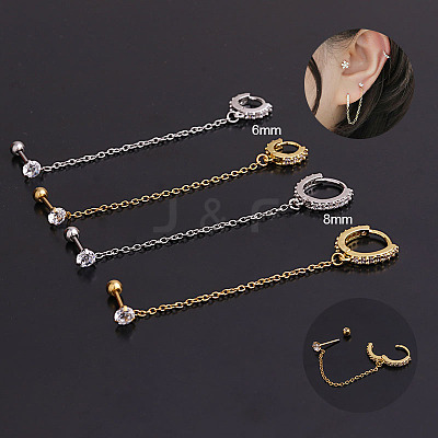 Brass Micro Pave Clear Cubic Zirconia Hoop Cartilage Earrings with Chain WG4D01B-03-1