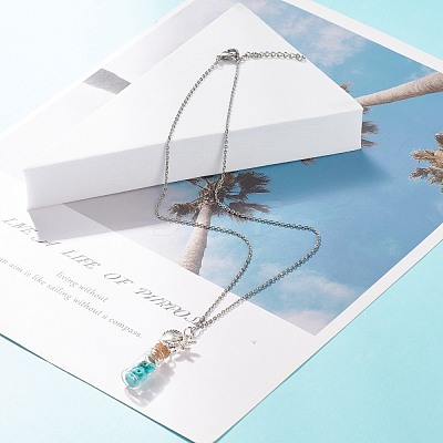 Glass Bottle with Synthetic Turquoise Chips Pendant Necklace NJEW-JN03841-01-1