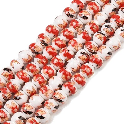 Handmade Flower Printed Porcelain Ceramic Beads Strands PORC-M005-6mm-06-1