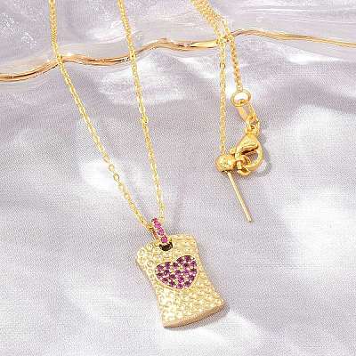 Brass Micro Pave Cubic Zirconia Rectangle with Heart Pendant Adjustable Slider Necklaces KK-CBA4547-08G-05-1