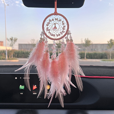 Natural Rose Quartz Woven Web/Net with Feather Pendant Decorations PW-WG76260-05-1