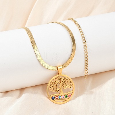 Tree of Life & Evil Eye 201 Stainless Steel Herringbone Chains Pendant Necklaces NJEW-K253-34G-1