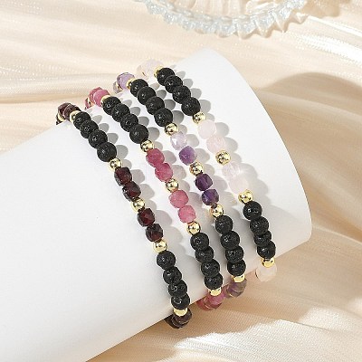 4Pcs 4 Styles Natural Mixed Stone Faceted Cube and Round Natural Lava Rock Beaded Stretch Bracelets for Women BJEW-JB14250-02-1