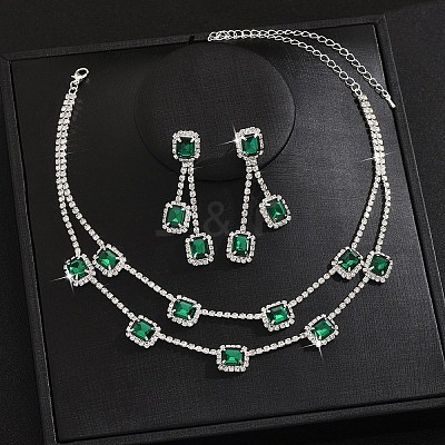 Rectangle Brass Rhinestone Double Layer Chain Necklace & Stud Dangle Earring Sets FS-WG7C731-01-1