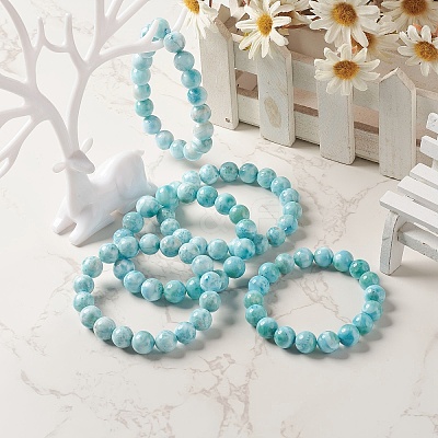 Natural Larimar/Pectolite Round Beaded Stretch Bracelet BJEW-A120-01E-1