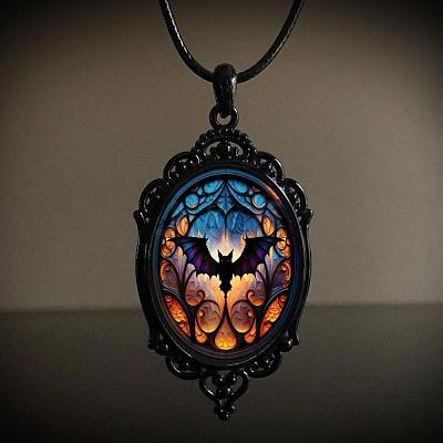 Oval Gothic Alloy Glass Halloween Pendant Necklaces for Women FS-WG73C21-04-1