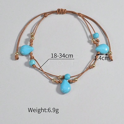 Bohemian Style Teardrop Synthetic Turquoise & CCB Plastic Round Waxed Cord Braided Double Layer Anklets for Women FS-WGDC0FD-01-1