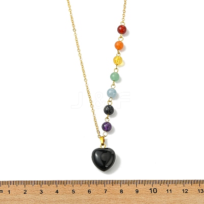 Chakra Natural Black Onyx(Dyed & Heated) Heart Pendant Brass Cable Chain Necklaces for Women NJEW-JN06267-02-1