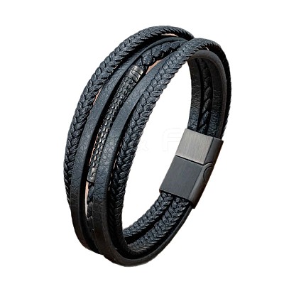 Braided Black Imitation Leather Multi-Strand Bracelets with 316L Stainless Steel Magnetic Clasps for Men WGFAA79-02-1