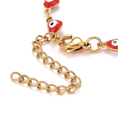 Enamel Heart with Evil Eye Link Chains Bracelet BJEW-P271-07G-01-1