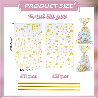50Pcs 2 Styles Gold Stamping Star OPP Cellophane Gift Bags ABAG-LP0001-54-1