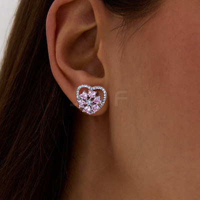 Rhodium Plated 925 Sterling Silver Rotating Heart Stud Earrings EJEW-L270-01P-1
