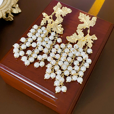 Alloy Plastic Pearl Bead Leaf Dangle Stud Earrings FS-WGB9C0C-01-1