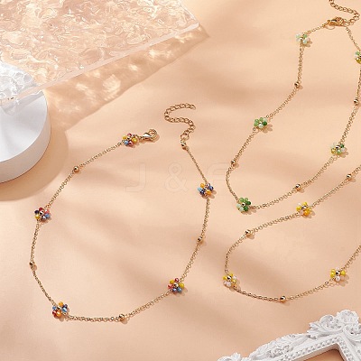 Glass Beaded Flower Link Chain Necklace NJEW-JN04317-1
