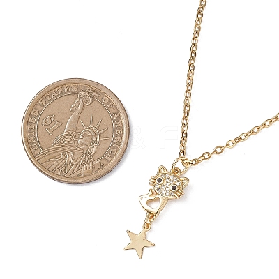 Cat with Star Brass Micro Pave Clear Cubic Zirconia Pendant 304 Stainless Steel Cable Chain Necklaces for Women NJEW-JN05716-1