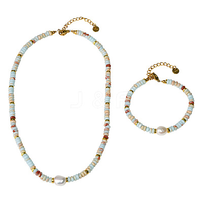 Natural Shoushan Stone & Freshwater Pearl & Brass Rondelle Beaded Necklaces & Beaded Bracelets Sets WG98AF4-01-1