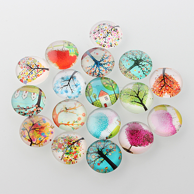Tree of Life Printed Half Round/Dome Glass Cabochons X-GGLA-A002-14mm-GG-1