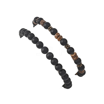 2Pcs 2 Styles Coconut and Natural Black Agate Beads Stretch Bracelets for Women BJEW-JB12672-1
