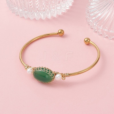 Wire Wrapped Natural Agate Cuff Bangles BJEW-TA00742-01-1