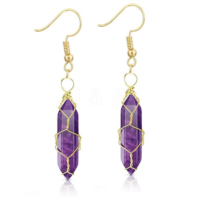 Amethyst Hexagon Handmade Copper Wire Wrapped Earrings Natural Stone Column Earrings ND6138-3-1