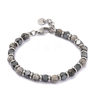Natural Map Stone & Synthetic Hematite Round Beaded Bracelet BJEW-P339-02P-02-1