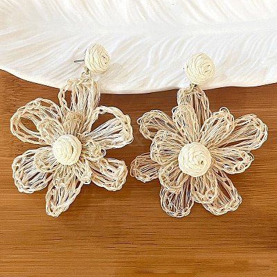 Bohemian Raffia with Linen Stud Dangle Earrings FS-WG91701-09-1