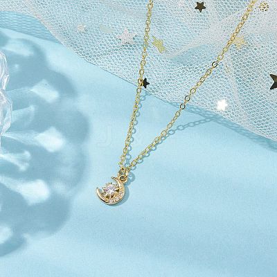 Rack Plating Brass Pave Clear Cubic Zirconia Moon Star Pendant Necklaces for Women NJEW-JN05000-1