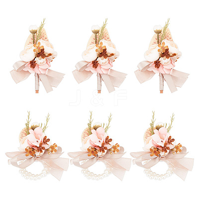 6Pcs 2 Styles Silk Cloth Imitation Rose Boutonniere & Wrist Corsage AJEW-GO0001-30-1