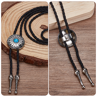 3Pcs 3 Style Adjustable Zinc Alloy Pave Synthetic Turquoise Oval/Flat Round Pendant Black PU Leather Cord Lariat Necklaces NJEW-ME0001-02-1