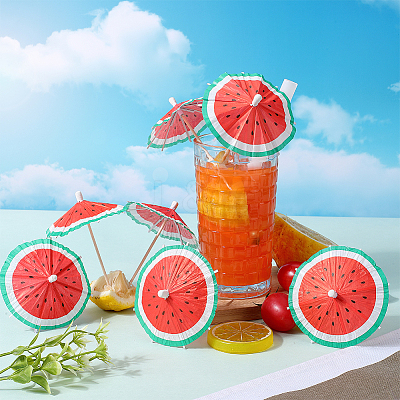 2 Bags Watermelon Pattern Umbrella Bamboo & PET Plastic Toothpick Decorations AJEW-CP0007-28-1