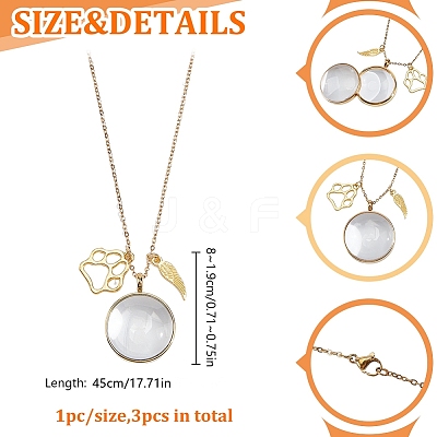 3Pcs 3 Sizes Wing Paw Print 304 Stainless Steel & Glass Flat Round Pet Fur Locket Pendant Necklaces NJEW-DR00019-1