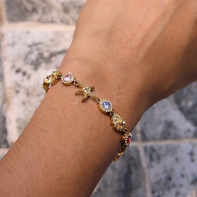 Ocean Theme 304 Stainless Steel Rhinestone Link Chain Bracelets for Women SA-CBA183D-09B-G-1
