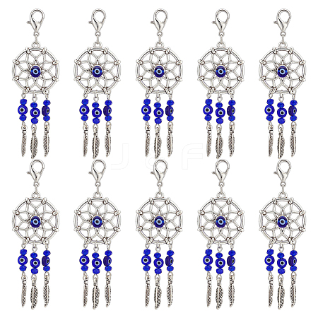  24Pcs Woven Net/Web with Feather Tibetan Style Alloy Pendant Decorations HJEW-NB0001-94-1