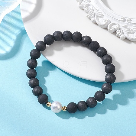 Natural Shungite & Cultured Freshwater Pearl Round Beaded Stretch Bracelets for Women BJEW-JB13321-02-1