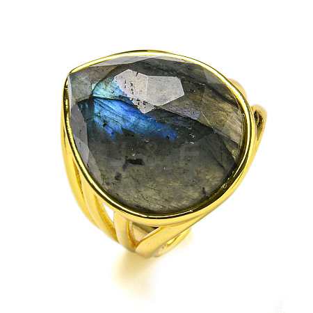 Teardrop Natural Labradorite Open Cuff Rings RJEW-C087-01G-05-1