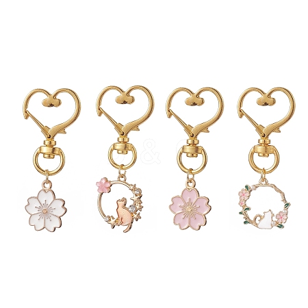 4Pcs Sakura Flower & Cat Alloy Enamel Keychains KEYC-JKC00456-1