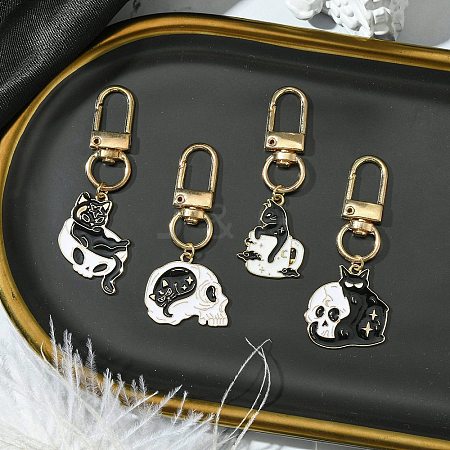 4Pcs 4 Styles Cat Skull Alloy Enamel Pendant Decoration HJEW-JM02805-1