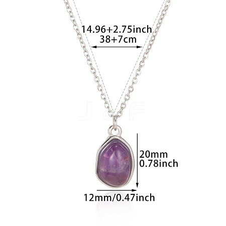 Natural Amethyst Irregular Oval Pendant 304 Stainless Steel Cable Chain Necklaces for Women FS-WGF500E-07-1