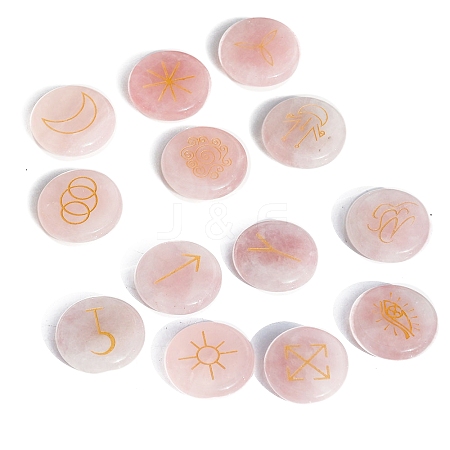 13Pcs 13 Styles Flat Round Natural Rose Quartz Rune Stones PW-WG15937-04-1