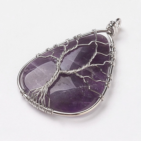 Brass Natural Amethyst Big Pendants G-E031-B-02P-1