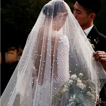 Long Mesh Tulle Plastic Pearl Beaded Bridal Veils HULI-PW0002-022B-1